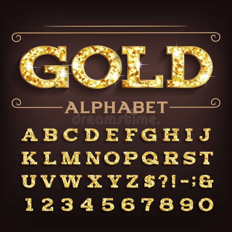 Gold alphabet font. Retro golden beveled letters and numbers with shadow. Stock vector typescript for your design. Gold alphabet font. Retro golden beveled letters and numbers with shadow. Stock vector typescript for your design.