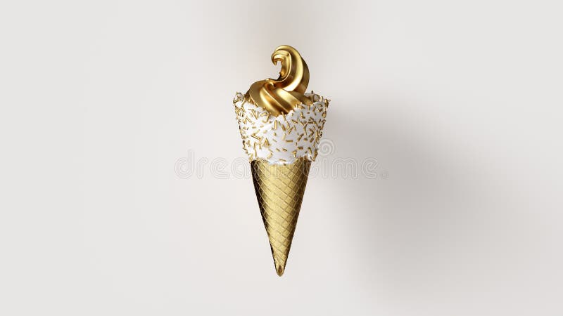 Goldblatt-Eiscreme mit Goldblatt-Kegel und weißer Zuckerglasur mit Gold besprüht