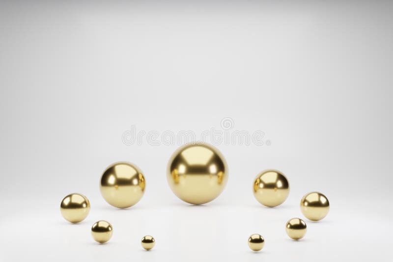 Golden abstract 3d render background. Computer generated minimalistic background with geometric shape balls, dark sphere