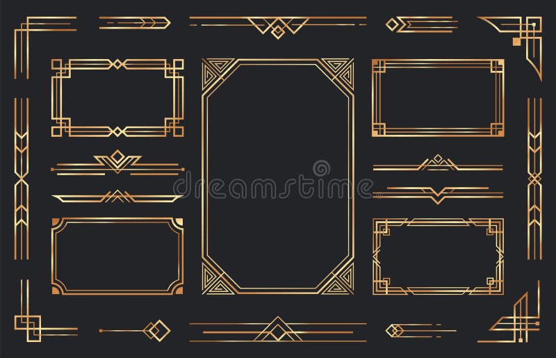 Golden art deco ornaments. Arabic antique decorative gold border, retro geometric ornamental frame and ornate golden corners. Geometry deco label, old victorian decoration. Isolated vector symbols set