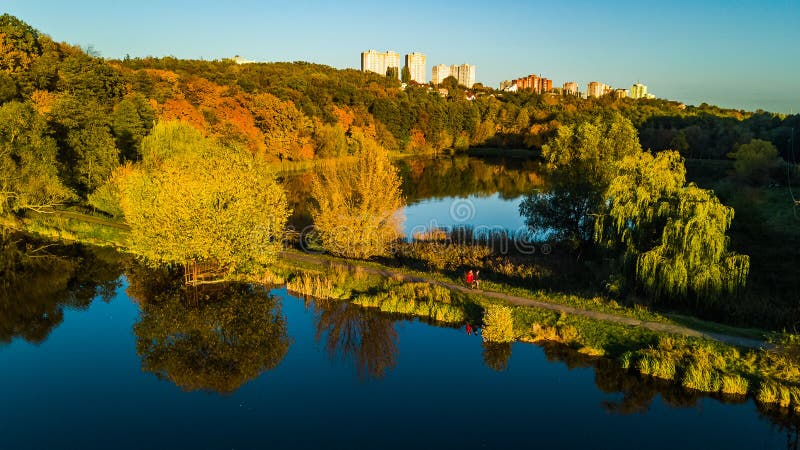 Golden autumn background, aerial drone view of forest with yellow trees and beautiful lake landscape from above, Kiev, Ukraine