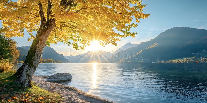 Golden Autumn Lake Scene Landscape vector illustratie