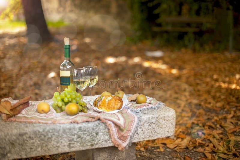Golden Autumn and leaves in the park. Picnic with wine and pastries and autumn fruits. Romantic evening. Copy space, stock images Golden Autumn and leaves in the park. Picnic with wine and pastries and autumn fruits. Romantic evening. Copy space, stock images