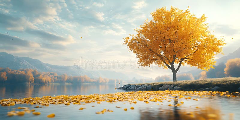 Golden Autumn Tree Serene Lakeside royalty-vrije illustratie