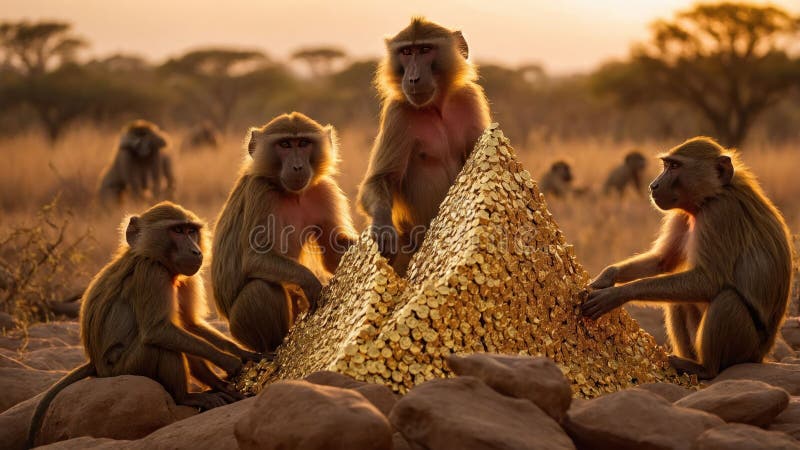 Golden Baboons - Păzirea Piramidei Comorii la apus vector illustration