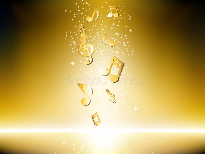 Golden background with music notes and stars.