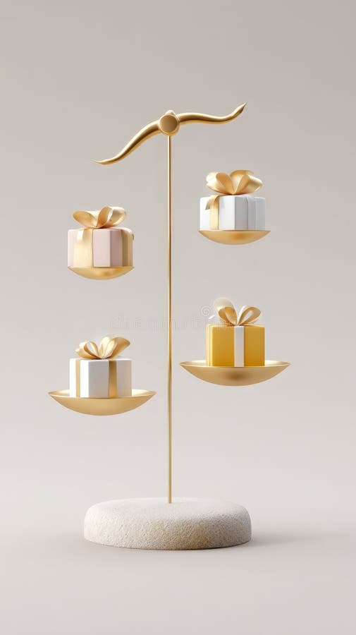 Golden balance with floating gift boxes on elegant display stock images