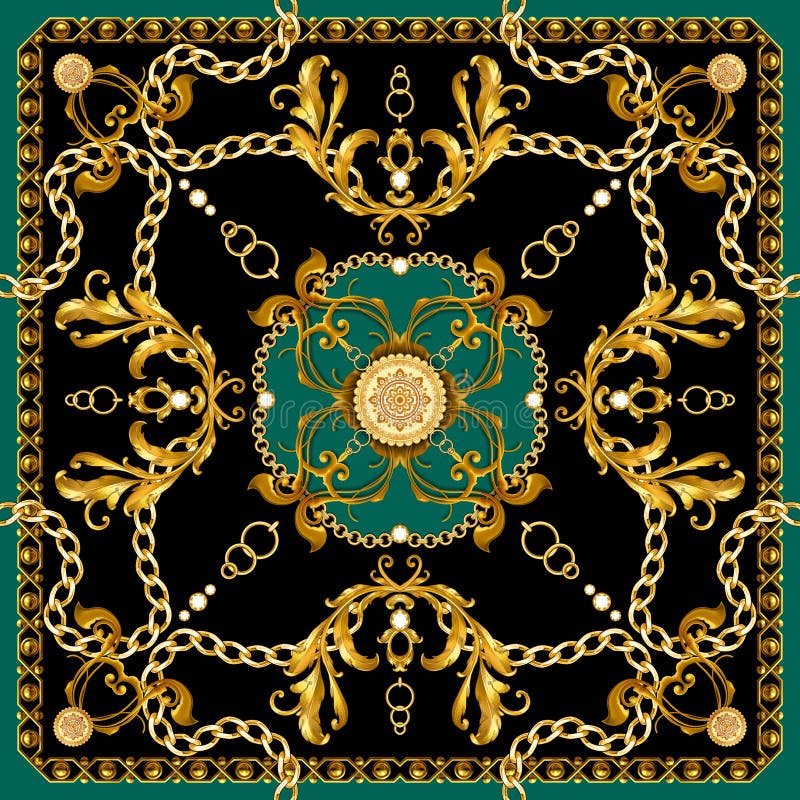 Golden Baroque with Chains on Black and Green Background. Ready for Textile Prints. Silk Scarf Pattern.