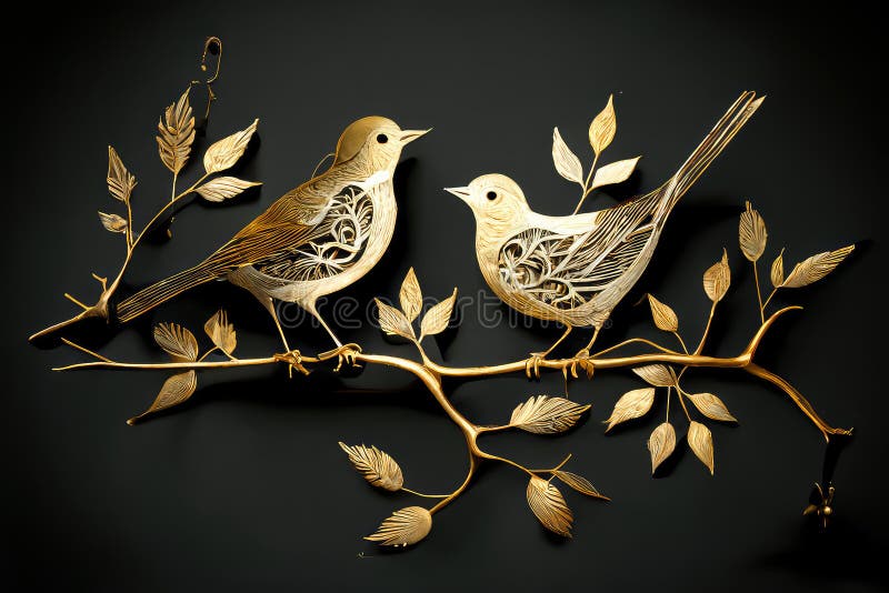 Golden Birds on a Branch with Leaves. Generative AI Stock Illustration Illustration of design