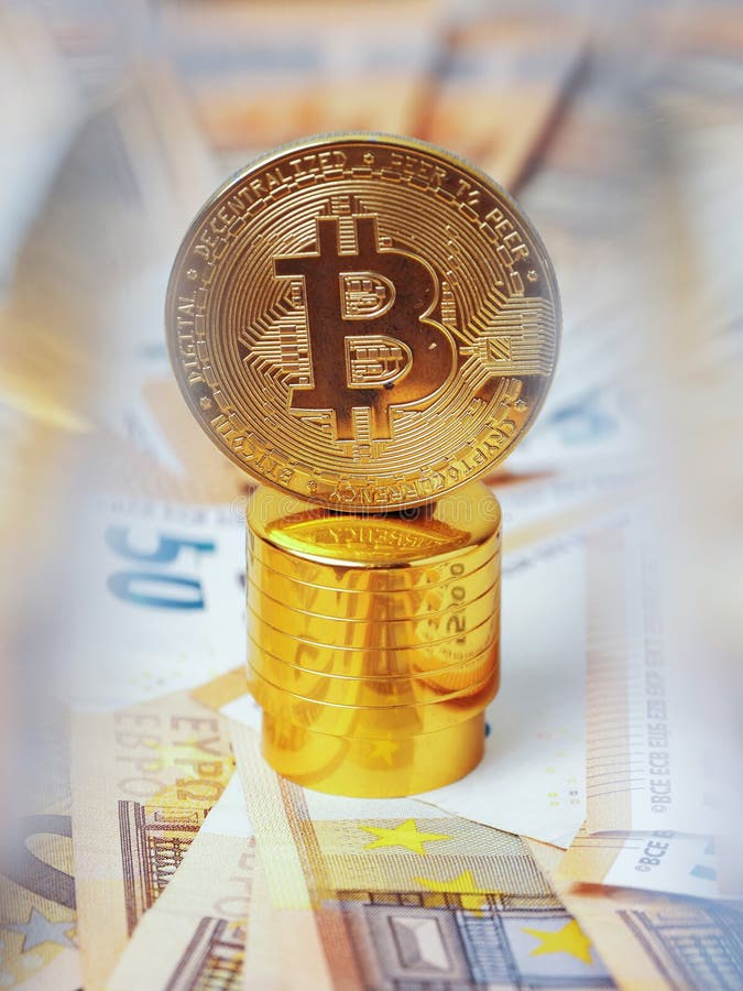 Golden bitcoin on golden basement over euro banknotes. Time to invest into crypto currency concept. Economy and financial royalty free stock images