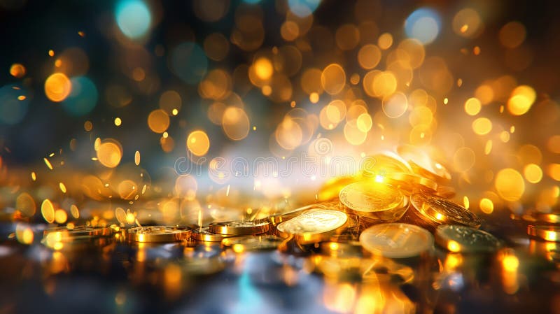 Golden Bitcoin Coins with Bokeh royalty free stock photo