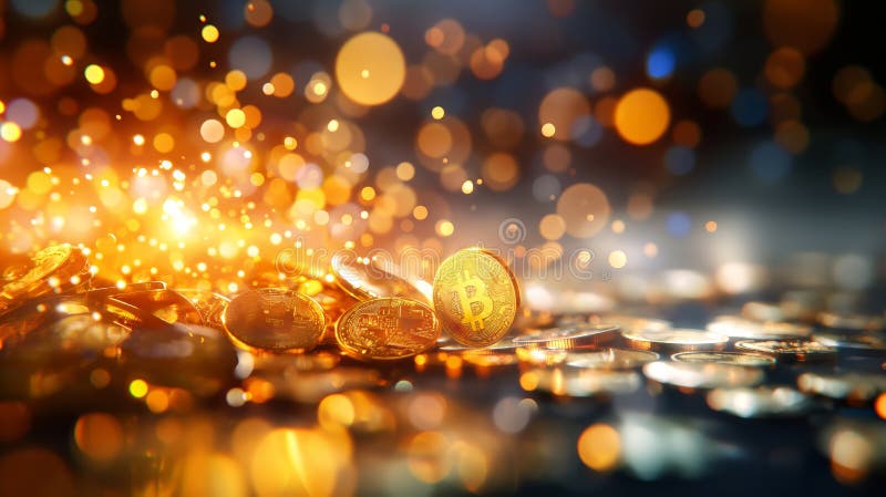 Golden Bitcoin Coins with Bokeh royalty free stock image