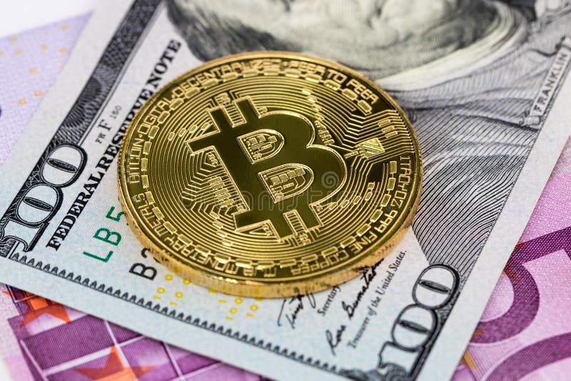 Bitcoin Metallic Coin Over Euro Banknotes. Stock Image - Image of ...