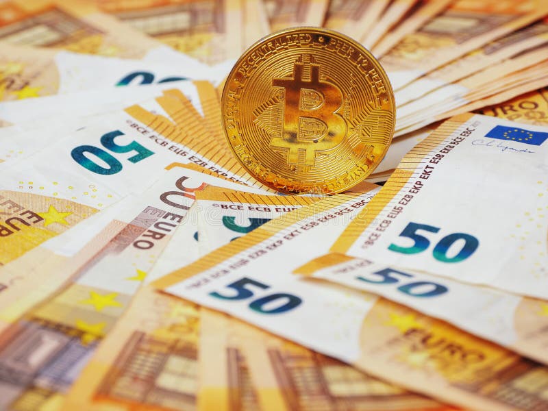 Golden bitcoin standing on euro bank notes. Time to invest into crypto currency concept. Economy and financial background. Get royalty free stock images