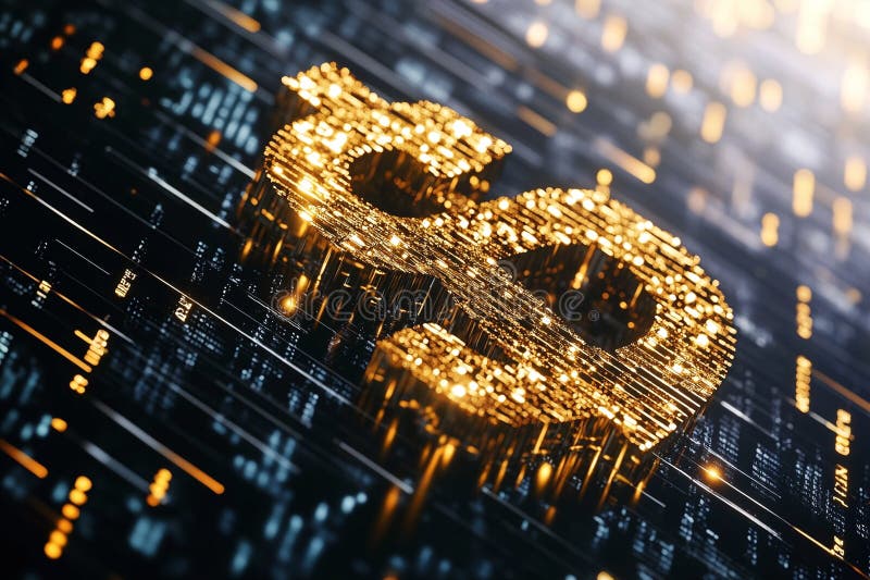 Golden Bitcoin Symbol on Digital Technology Background with Sparkling Lights and Blockchain Patterns vector illustration
