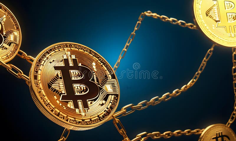 Golden Bitcoin Chain Links AI Generative stock image
