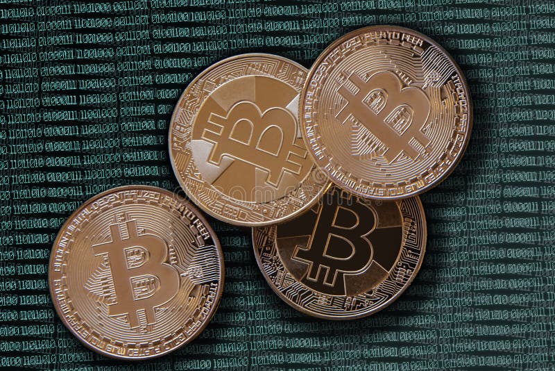 Golden bitcoins on greenish binary code royalty free illustration