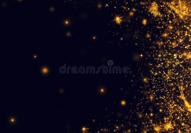 Golden black Christmas or New Year background with glitter, snowflakes, stars, bokeh gold lights, festive dark style background