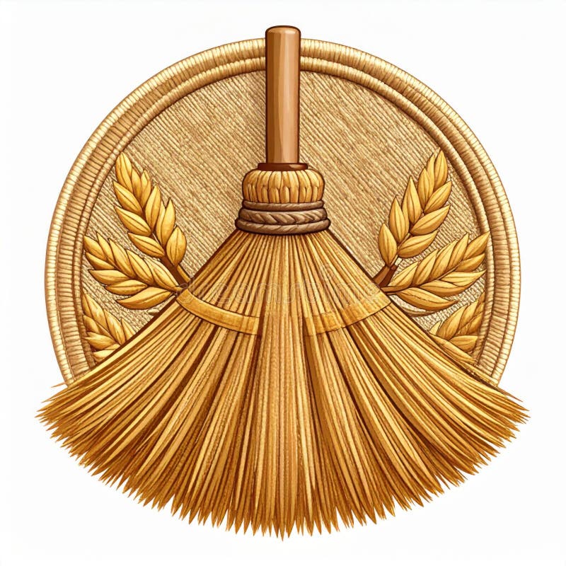 Golden Broom with Wheat Ears Emblem on White Background Detailed Render vector illustration