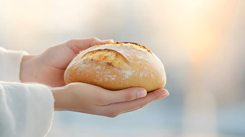 Golden-brown bread held in hands, capturing essence of artisanal baking. Soft, diffused lighting makes it perfect for royalty free stock photos