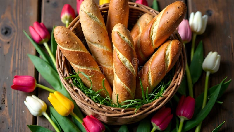 Golden brown breadsticks arranged in a wicker basket, surrounded by colorful tulips on a rustic wooden surface, creating a cozy spring-themed display. Bread adds rustic charm. Selective focus. AI generated