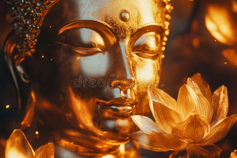 Golden buddha-staty med lotus blomma i en mystisk, mörkt belyst miljö fylld med lockande gyllene ljus royaltyfri illustrationer