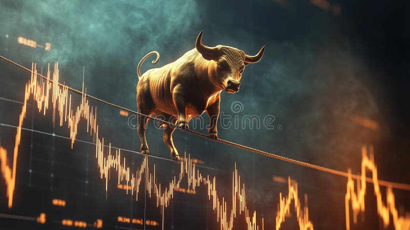 Golden bull balances on tightrope above fluctuating stock market graphs during a vibrant trading session royalty free stock image