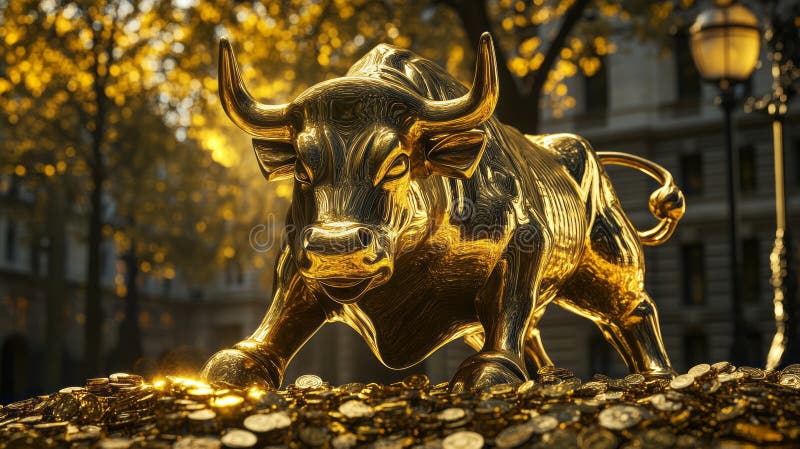 Golden bull is goring like Madly on the pile of gold coins. Bullish market trend in stocks. Stock Marketing and royalty free stock photography