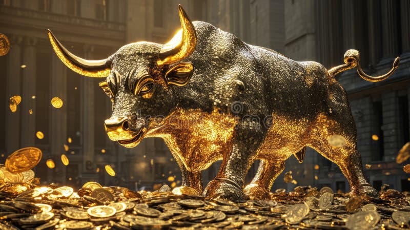 Golden bull is goring like Madly on the pile of gold coins. Bullish market trend in stocks. Stock Marketing and royalty free stock photography