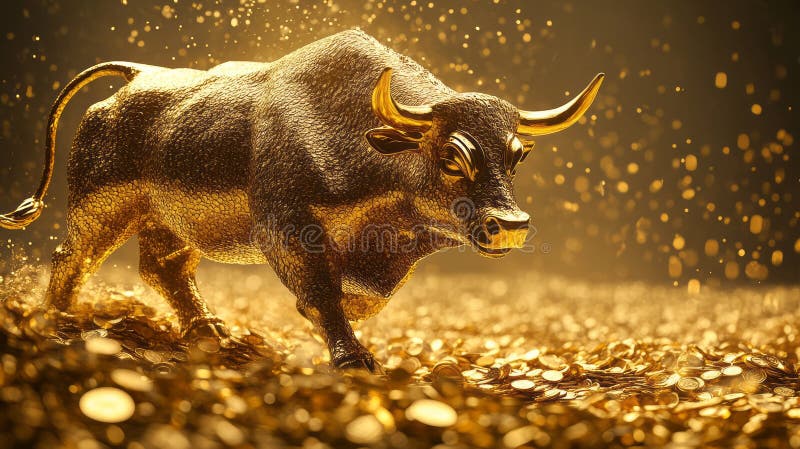 Golden bull is goring like Madly on the pile of gold coins. Bullish market trend in stocks. Stock Marketing and stock photography