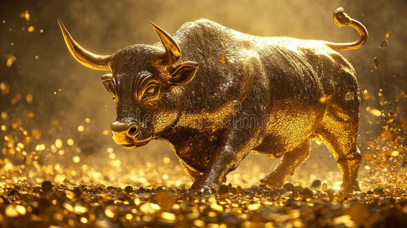 Golden bull is goring like Madly on the pile of gold coins. Bullish market trend in stocks. Stock Marketing and stock photos