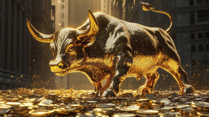 Golden bull is goring like Madly on the pile of gold coins. Bullish market trend in stocks. Stock Marketing and royalty free stock photos