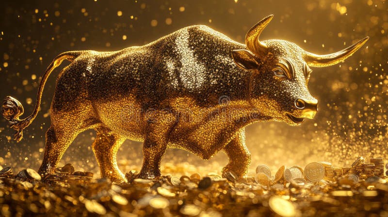 Golden bull is goring like Madly on the pile of gold coins. Bullish market trend in stocks. Stock Marketing and royalty free stock photography