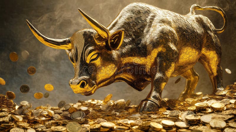 Golden bull is goring like Madly on the pile of gold coins. Bullish market trend in stocks. Stock Marketing and royalty free stock image