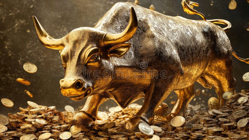 Golden bull is goring like Madly on the pile of gold coins. Bullish market trend in stocks. Stock Marketing and stock photos