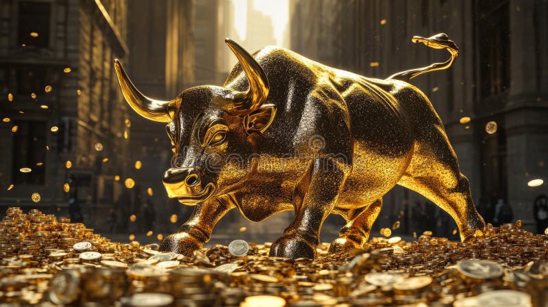 Golden bull is goring like Madly on the pile of gold coins. Bullish market trend in stocks. Stock Marketing and stock photography
