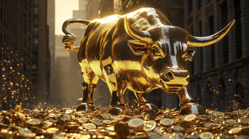 Golden bull is goring like Madly on the pile of gold coins. Bullish market trend in stocks. Stock Marketing and stock photo