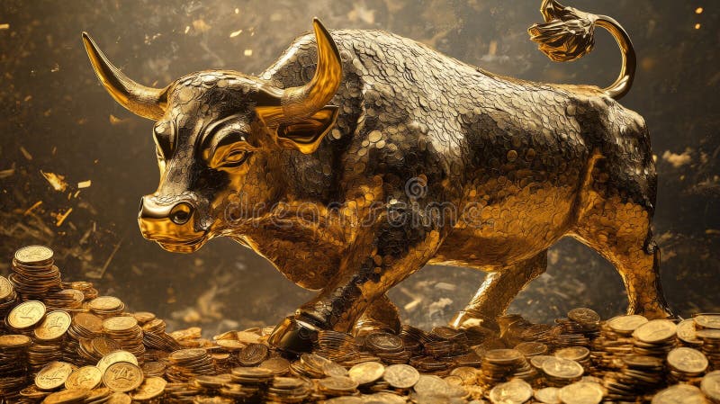 Golden bull is goring like Madly on the pile of gold coins. Bullish market trend in stocks. Stock Marketing and royalty free stock photo