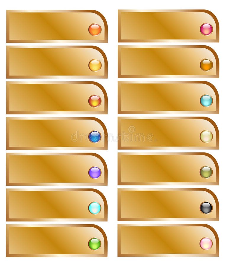 Golden button collection with colorful glossy spheres vector illustration