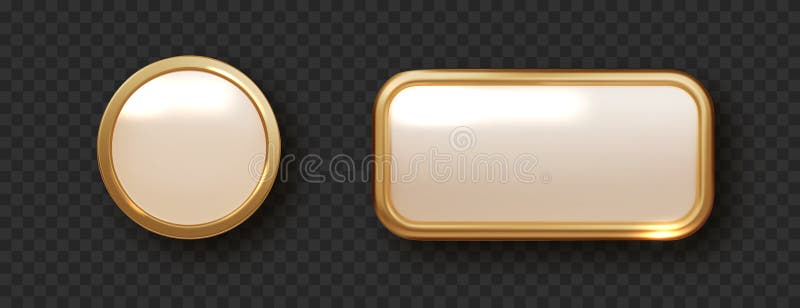 Golden button isolated. Realistic banner with golden frame. Isolated 3d design element, golden glossy label vector illustration