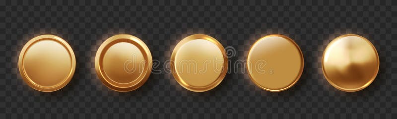 Golden button realistic isolated. Set of shiny round frames medal or coin, winner emblems. Realistic round shiny blank stock illustration