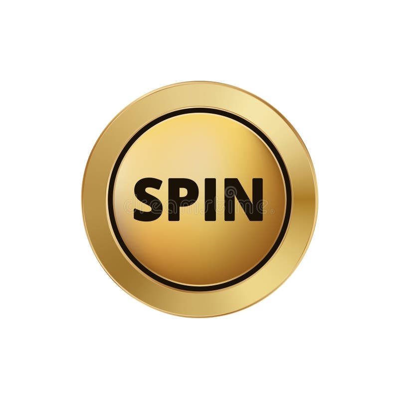 Golden button with spin text for quick start functionality in applications. Circular golden button displaying the word spin, suggesting use for a quick start feature.
