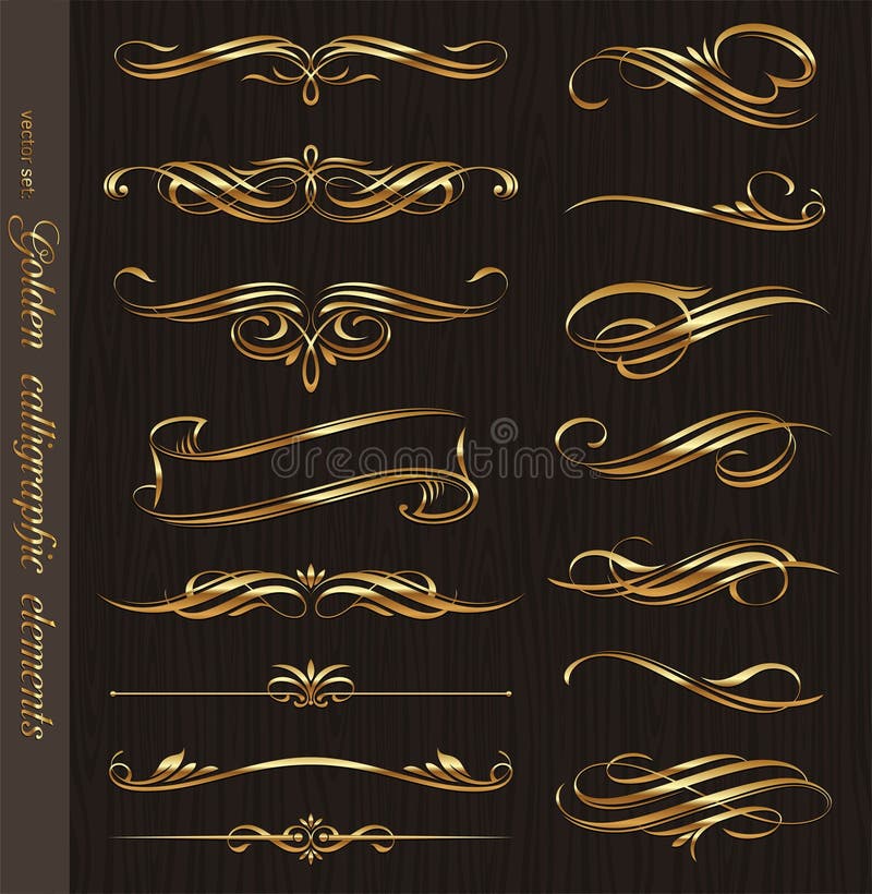 Golden calligraphic design elements on a black wood texture background.