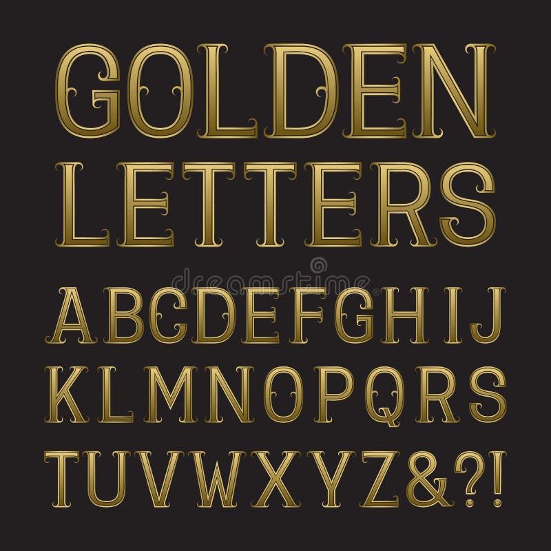Golden font, all letters. Latin, english alphabet. 3d render, gold metal  texture, on white background. Stock Illustration