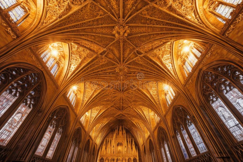 Golden cathedral-tak med ornatkarvlar royaltyfri illustrationer