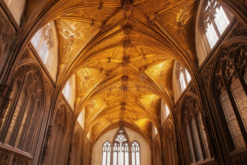 Golden cathedral-tak med ornatkarvlar stock illustrationer