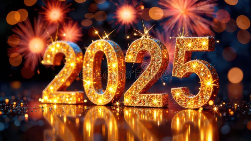 Golden 2025 celebration with sparkling fireworks display vector illustration