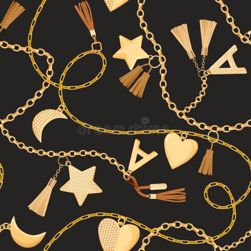 Golden Chains, Straps and Charms with Diamonds Seamless Pattern. Fashion Fabric Background with Gold, Gemstones