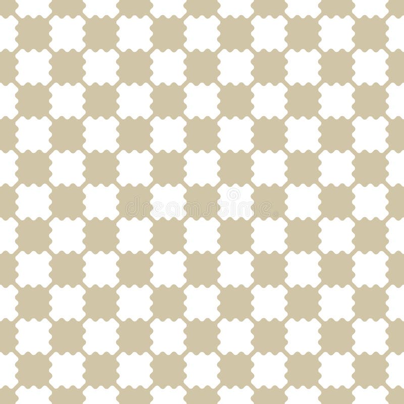 Golden checkered texture. Vector seamless pattern with curved shapes, grid. Gold and white checkered texture. Vector seamless pattern with small curved shapes in staggered array, puzzle elements. Simple abstract geometric background. Modern luxury ornament. Repeat design