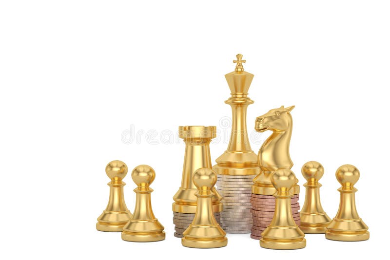 Golden Chess and Coin Stacks Isolated on White Background 3D ...